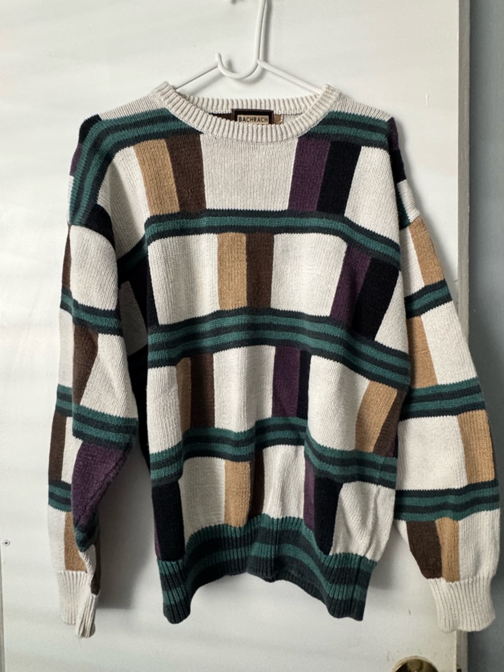 Bachrach Cream Crewneck Sweater with Green, Purple & Brown Stripes